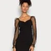 Even&Odd Long Puff Sleeves Rushing Bodycon Dress - Cocktail Dress / Party Dress - Black